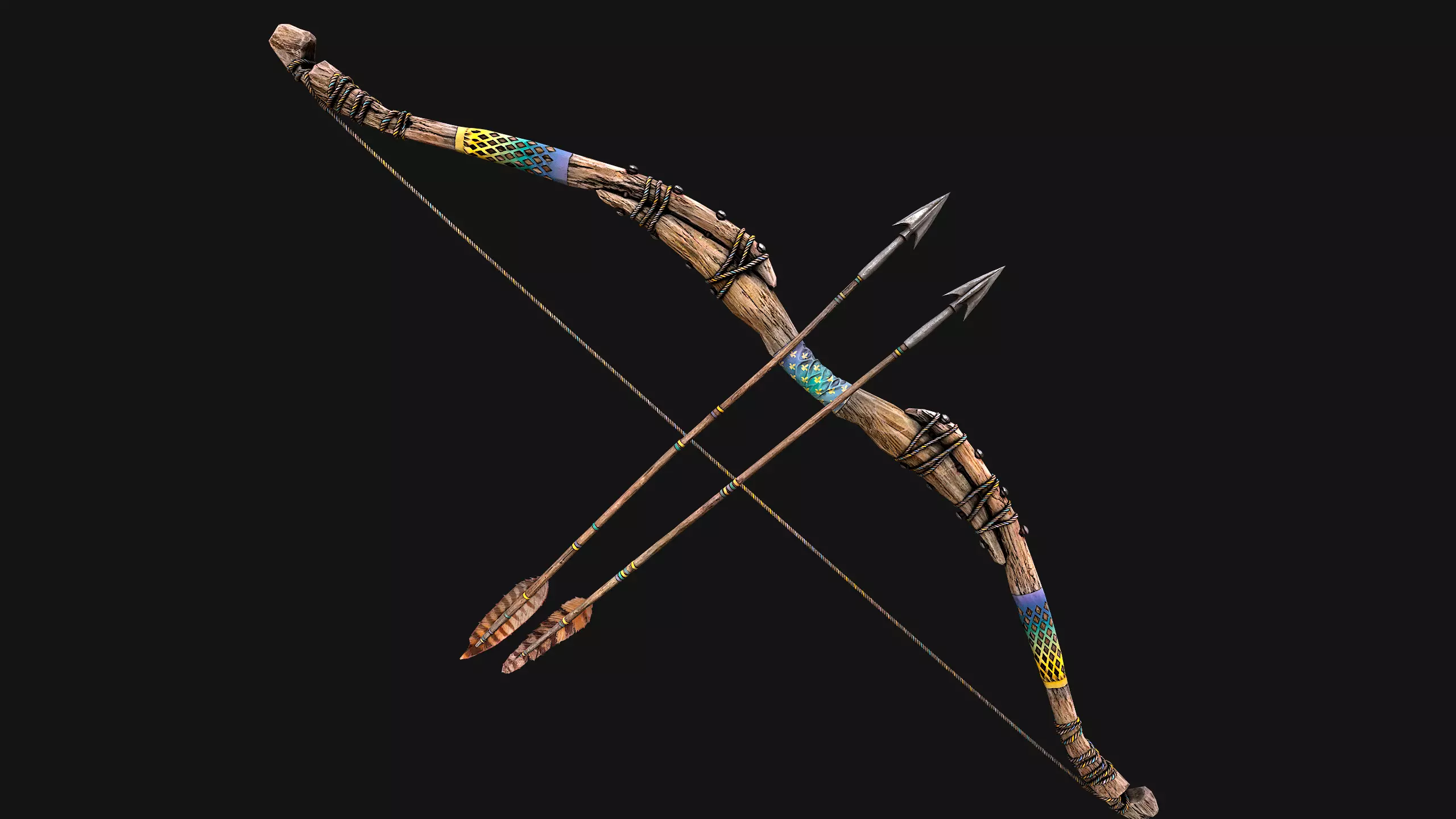 Medieval Wooden Bow Weapon Archer Low-poly 3D model_16