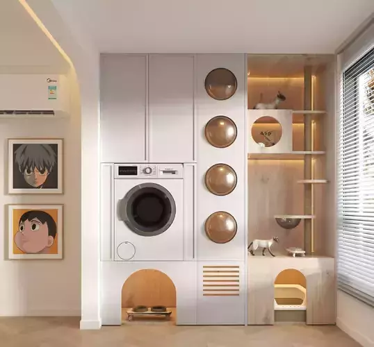 Modern Laundry Room with Built-in Cat Furniture 719