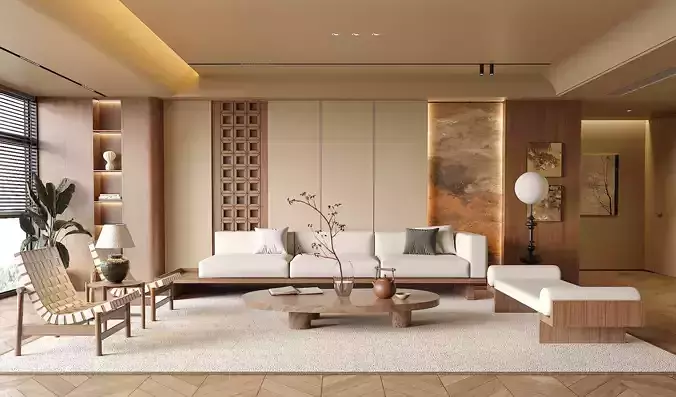 Modern Oriental Living Room with Wooden Wall Panels 714