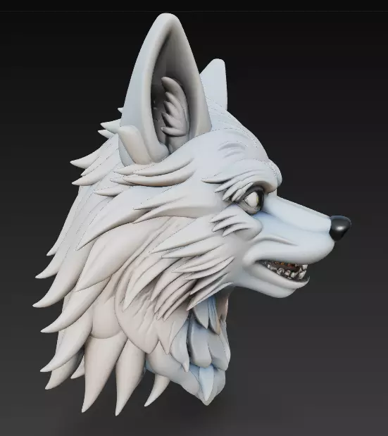 Stylized Wolf Head 3D Model - Fierce Side View Sculpture 3D print model_4