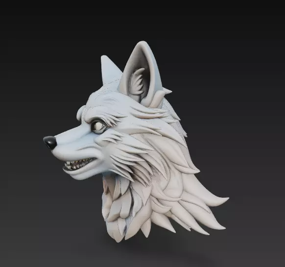 Stylized Wolf Head 3D Model - Fierce Side View Sculpture 3D print model_0