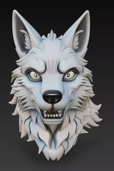 Stylized Wolf Head 3D Model - Fierce Side View Sculpture 3D print model_2
