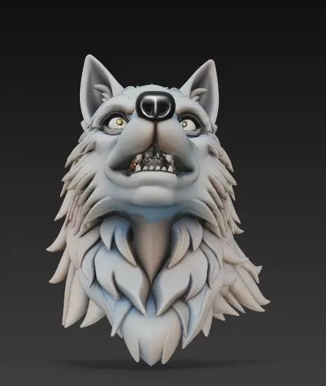 Stylized Wolf Head 3D Model - Fierce Side View Sculpture 3D print model_5