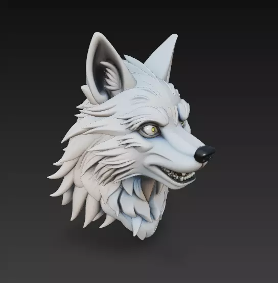 Stylized Wolf Head 3D Model - Fierce Side View Sculpture 3D print model_1