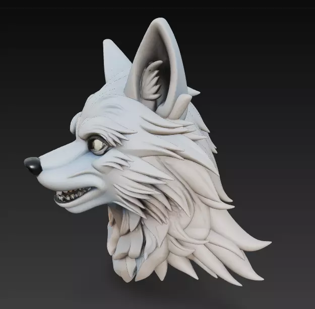 Stylized Wolf Head 3D Model - Fierce Side View Sculpture 3D print model_3