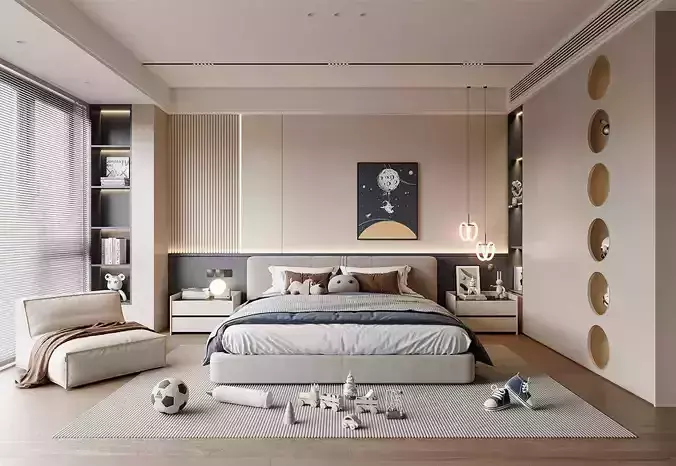Modern Kids Bedroom with Space Theme and Toys 693