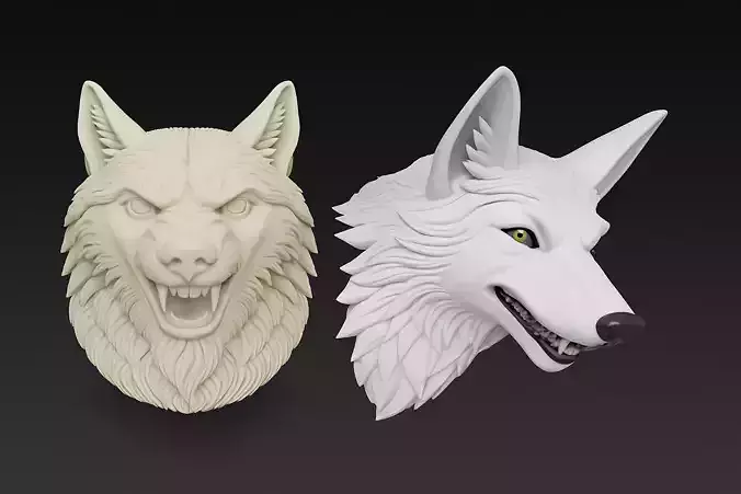 Twin Wolf Heads 3D Model - Stylized Aggressive - Calm 3D print model Twin Wolf Heads 3D Model - Stylized Aggressive - Calm 3D print model