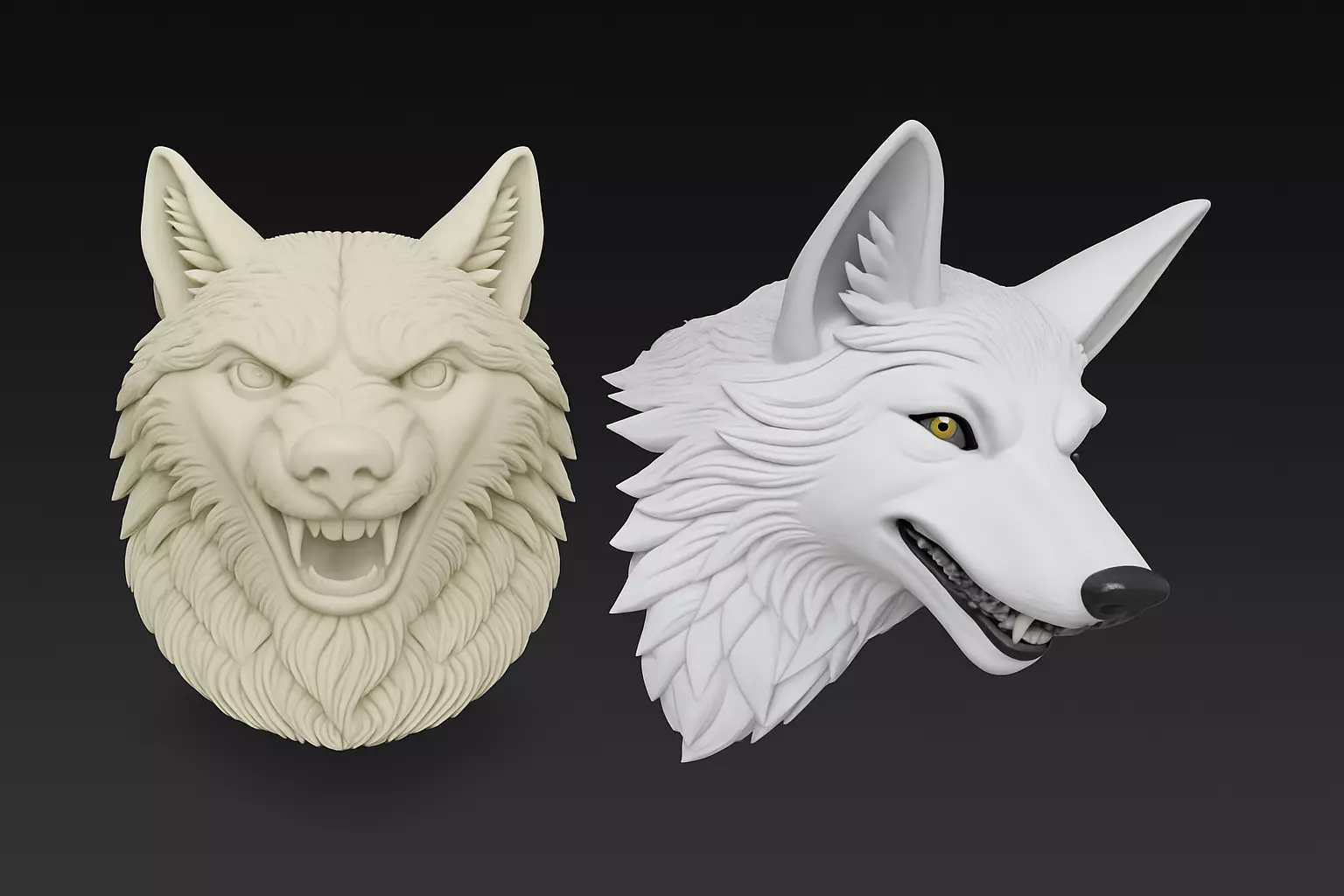 Twin Wolf Heads 3D Model - Stylized Aggressive - Calm 3D print model_0