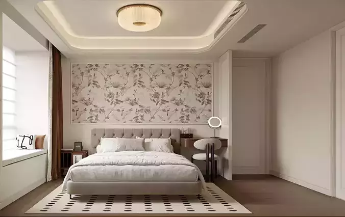 Elegant French Style Bedroom with Floral Accent Wall 690