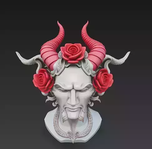 Demon Bust with Horns and Roses - Stylized 3D Sculpture