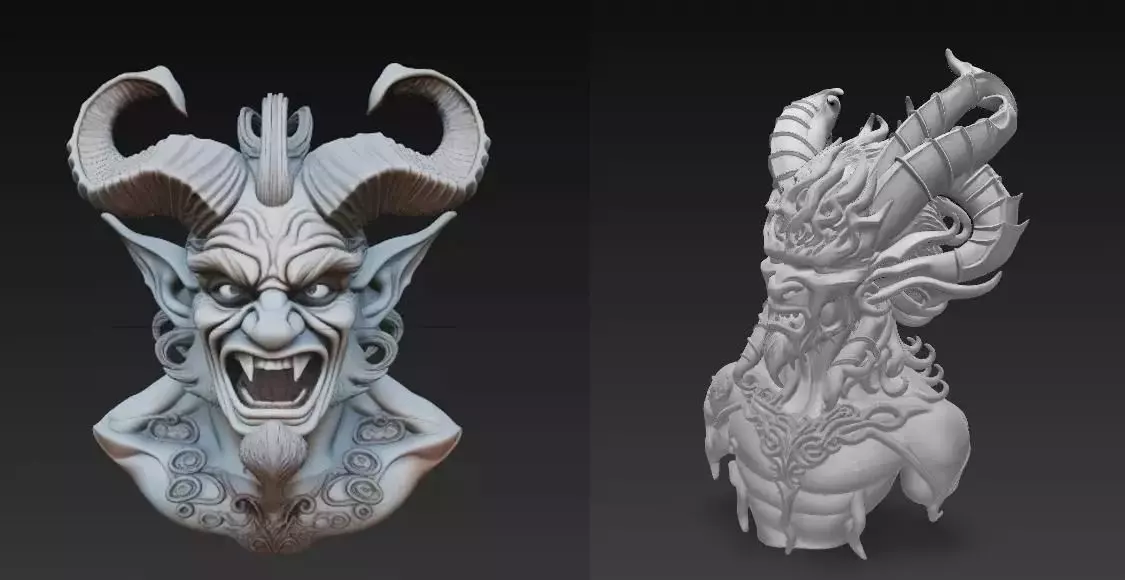 Demonic Horned Bust 3D Model-Dark Fantasy Sculpture 3D print model_0