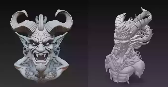 Demonic Horned Bust 3D Model-Dark Fantasy Sculpture