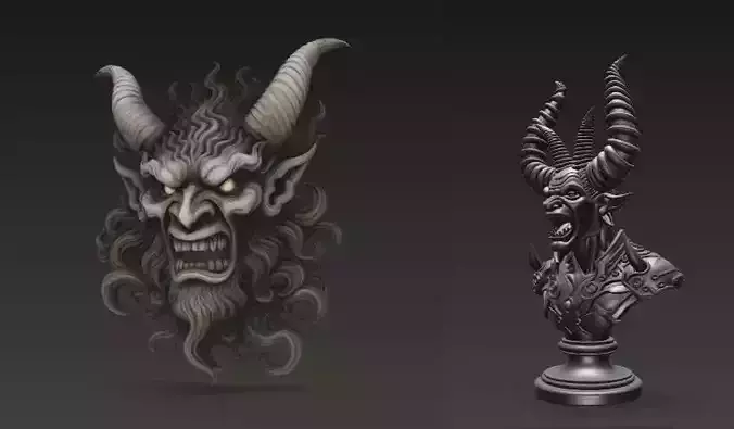 Stylized Demon Mask and Bust Sculpture