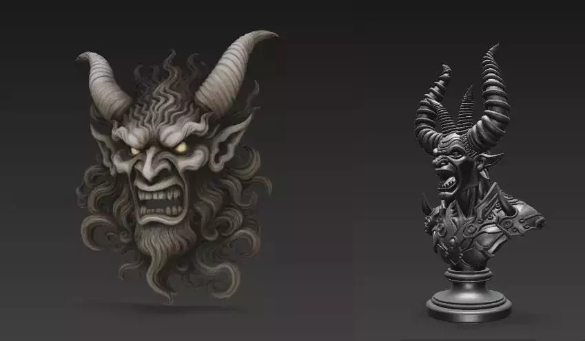 Stylized Demon Mask and Bust Sculpture 3D print model_0