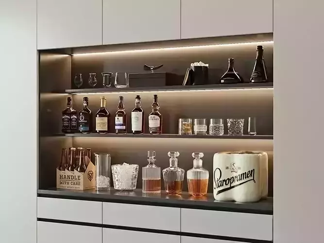 Liquor Cabinet with Bottles and Glassware 007 3D model