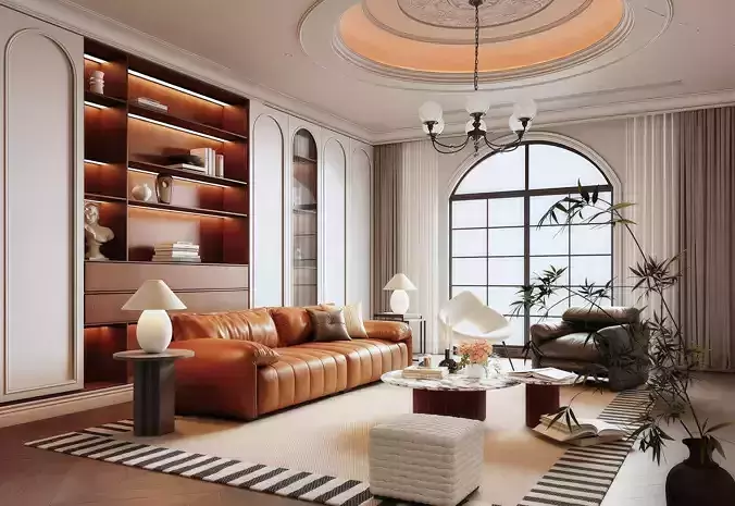 Modern Classic Living Room with Leather Sofa 023