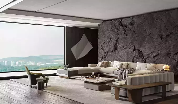 Modern Luxury Living Room with Stone Wall 022