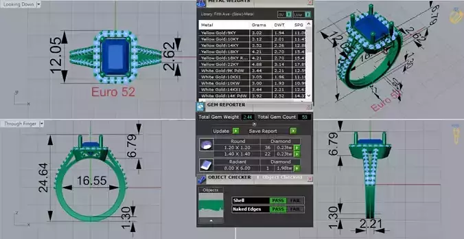 White Gold Halo Emerald and Diamond STL 3D Ring Model jr00196