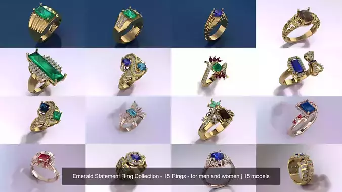 Emerald Statement Ring Collection - 15 Rings - for men and women 