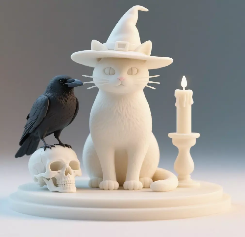 1981Witch Cat Composition Skull Raven Candleholder 3D print model