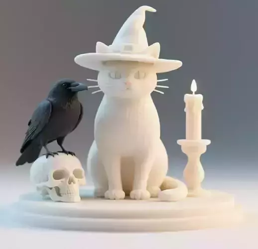 1981Witch Cat Composition Skull Raven Candleholder