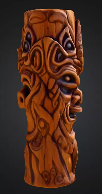 Twisted Wooden Totem with Grotesque Abstract Faces Low-poly 3D model_2