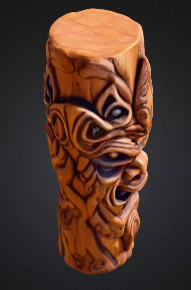 Twisted Wooden Totem with Grotesque Abstract Faces Low-poly 3D model_8