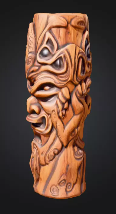 Twisted Wooden Totem with Grotesque Abstract Faces Low-poly 3D model_6