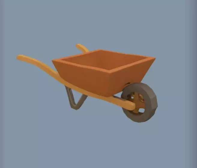 Orange wheelbarrow with wooden handles 3D model_1