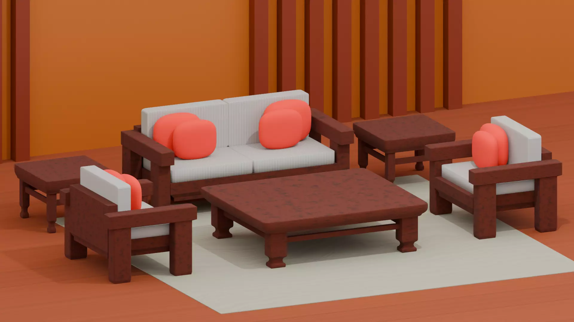 Modern Sofa and Table Set Chinese Style Low-poly 3D model_0