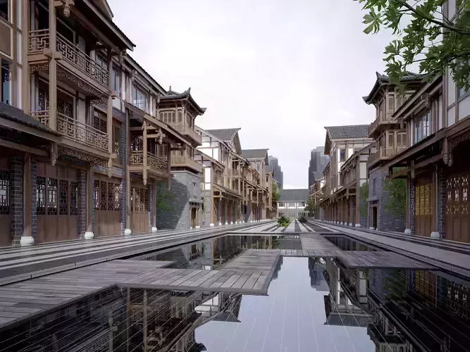 Chinese commercial street Low-poly 3D model