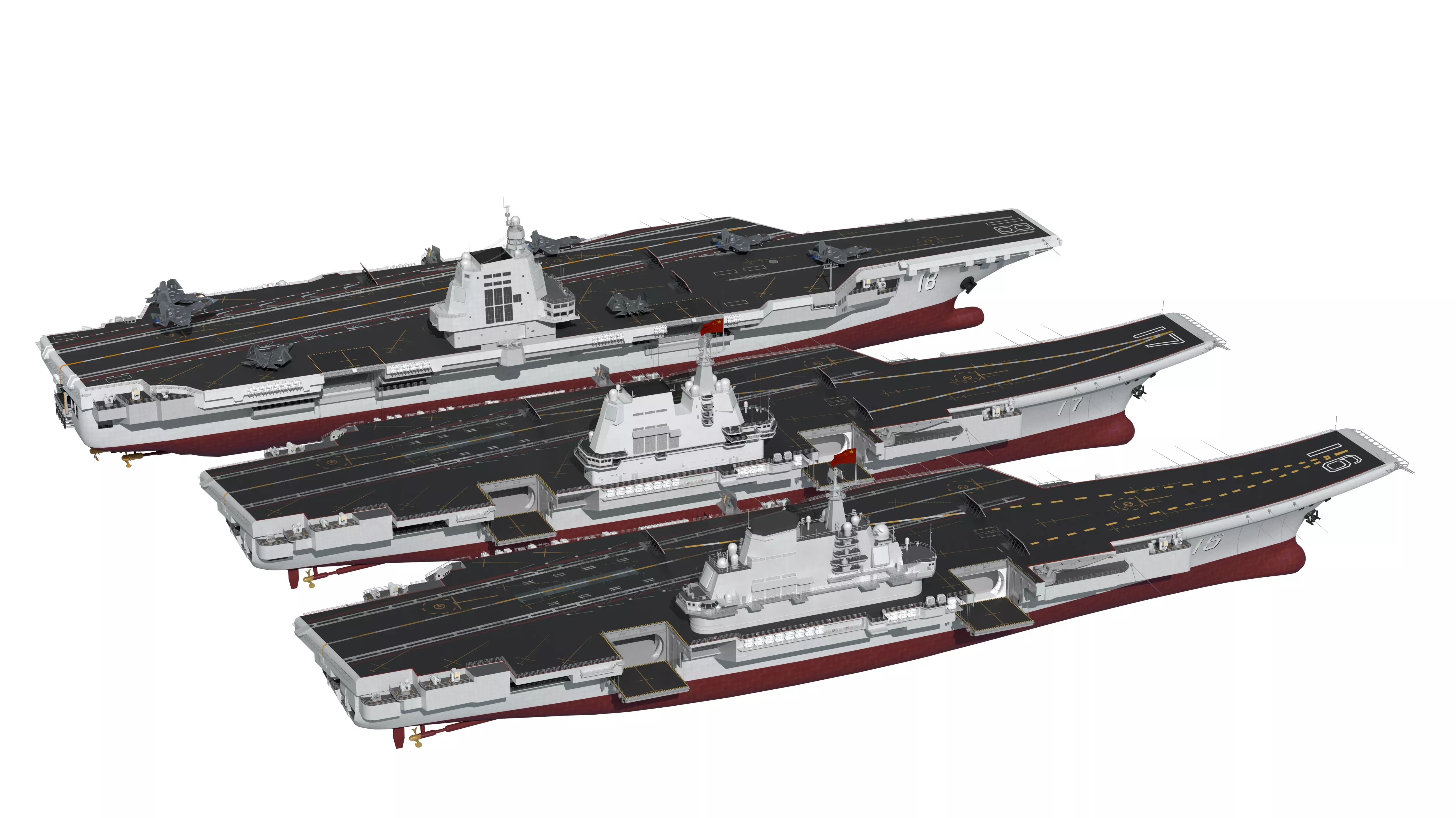 Chinese aircraft carriers CV16 CV17 CV18 with carrier-based 3D model_1