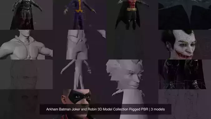 Arkham Batman Joker and Robin 3D Model Collection Rigged PBR