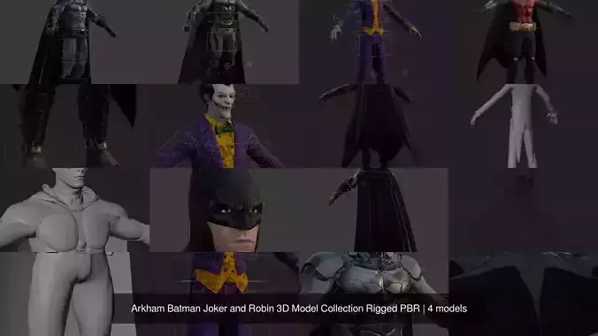 Arkham Batman Joker and Robin 3D Model Collection Rigged PBR 