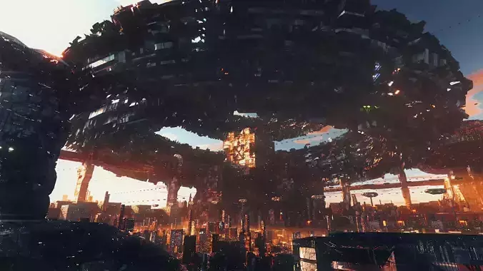 Sci-fi futuristic cyberpunk city animated Low-poly 3D model