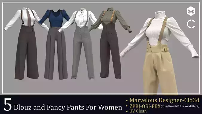 5 Women Blouse Pants Outfits - Clo3D OBJ FBX