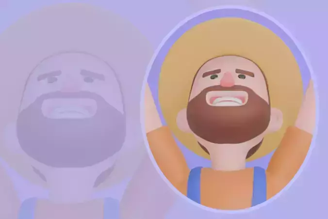 Title Stylized 3D Cartoon Farmer Man - Joyful Jump with Flower