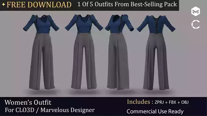 Blouse and Fancy Pants For Women- Clo3D OBJ FBX 3D model 
