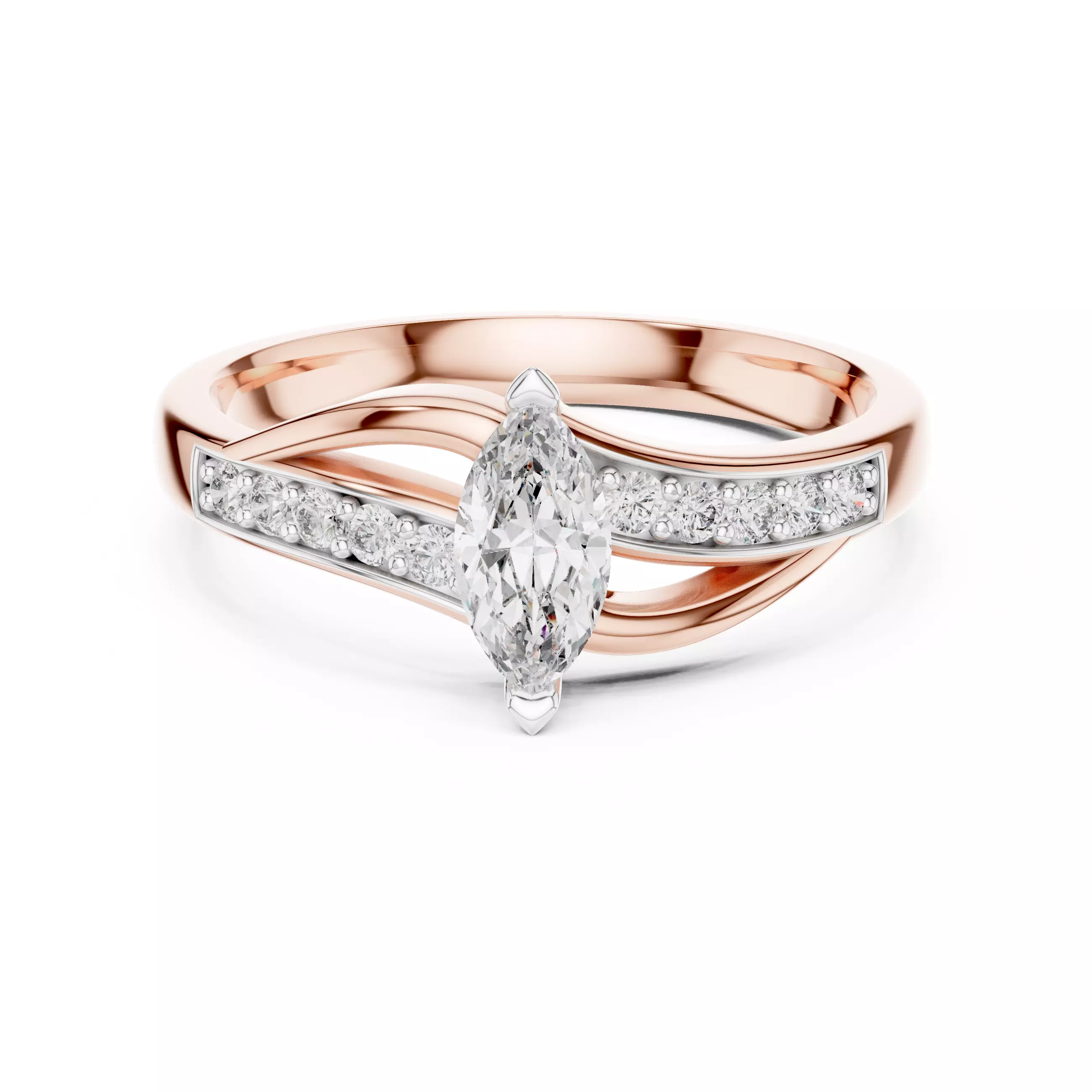 Marquise and Round Diamond Bypass Engagement Ring 3DM STL Video 3D print model_0