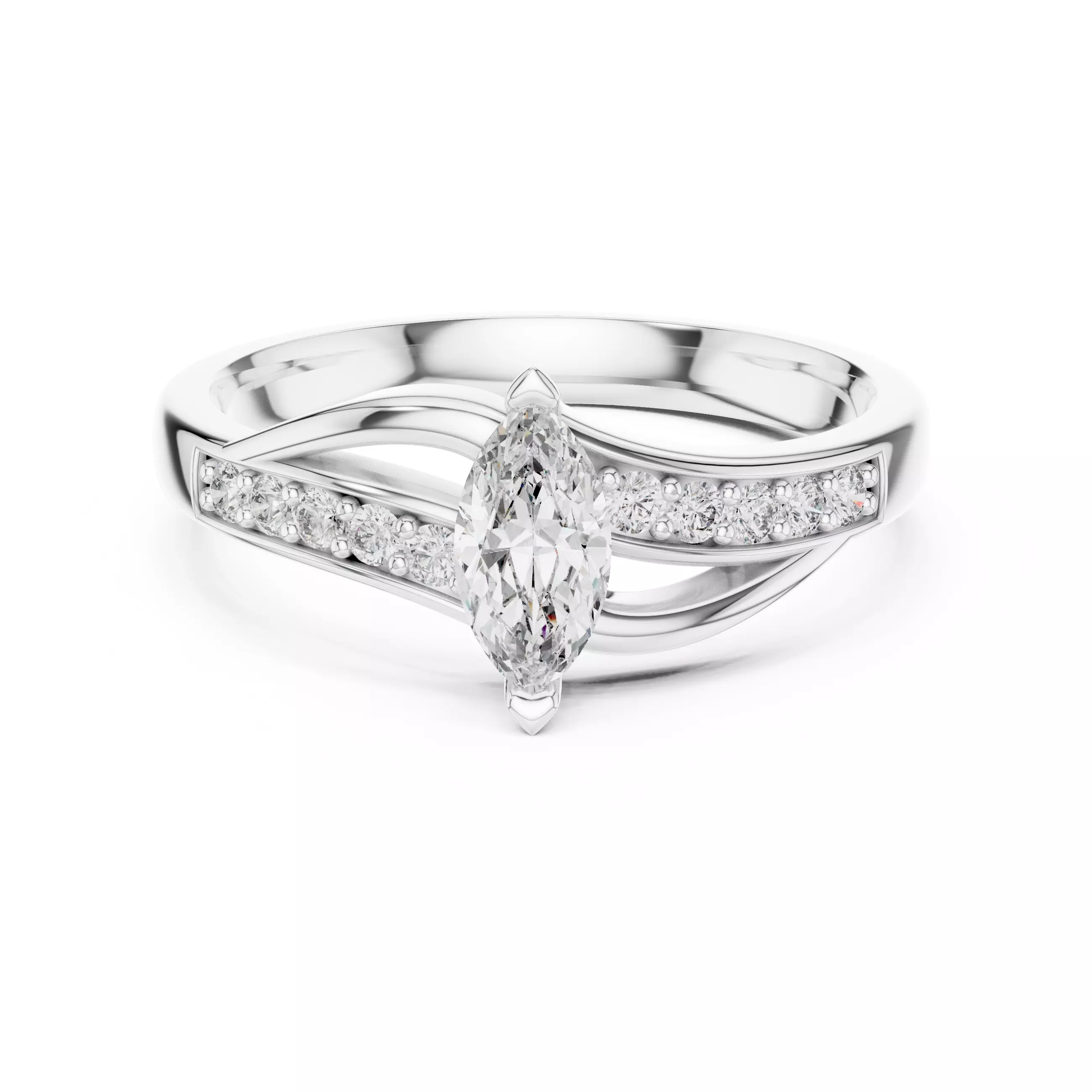 Marquise and Round Diamond Bypass Engagement Ring 3DM STL Video 3D print model_2