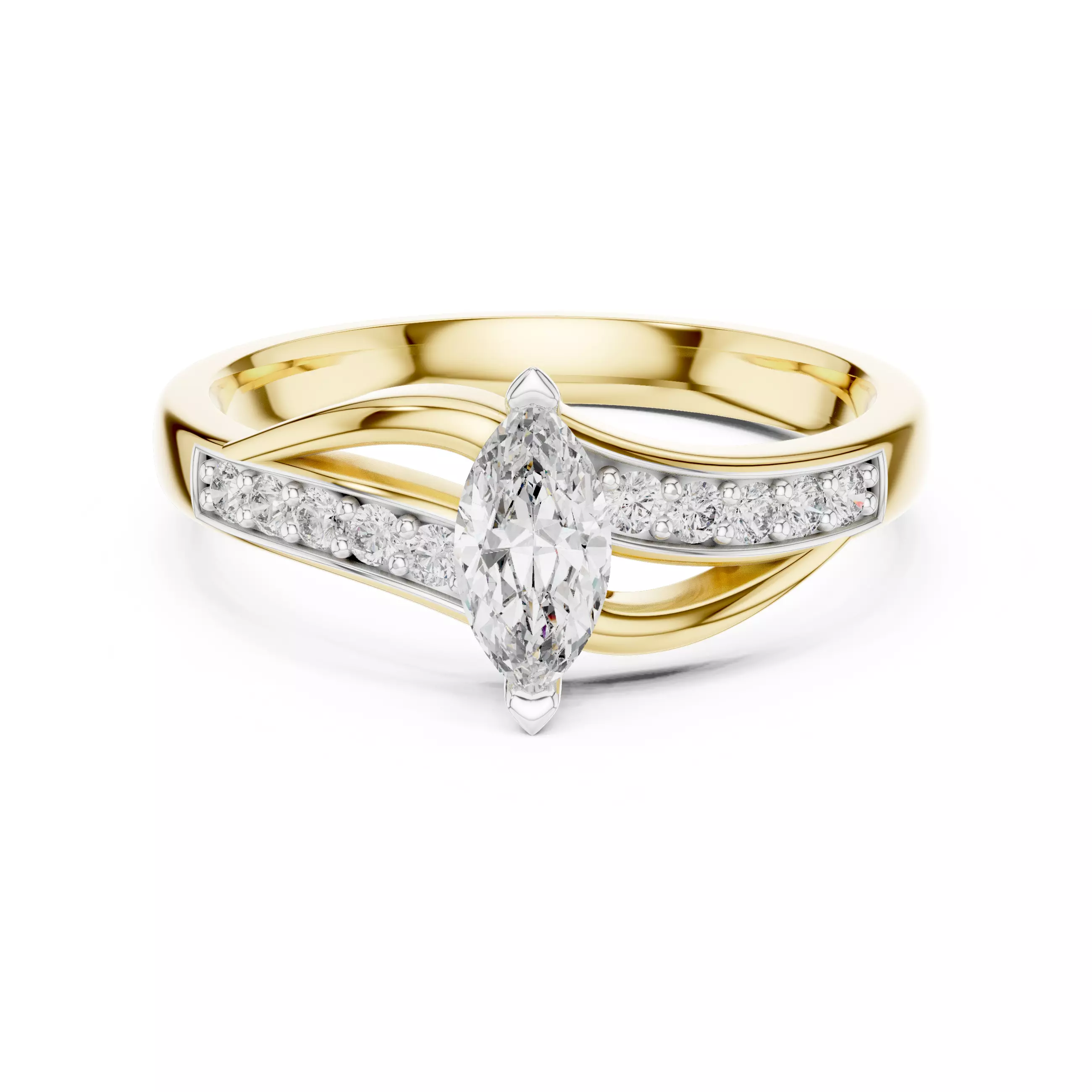 Marquise and Round Diamond Bypass Engagement Ring 3DM STL Video 3D print model_1