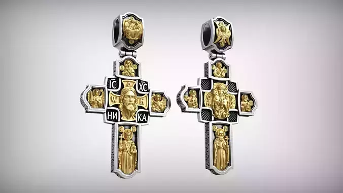 Vladimirskiy Orthodox Cross with Jesus and Saints High Jewelry