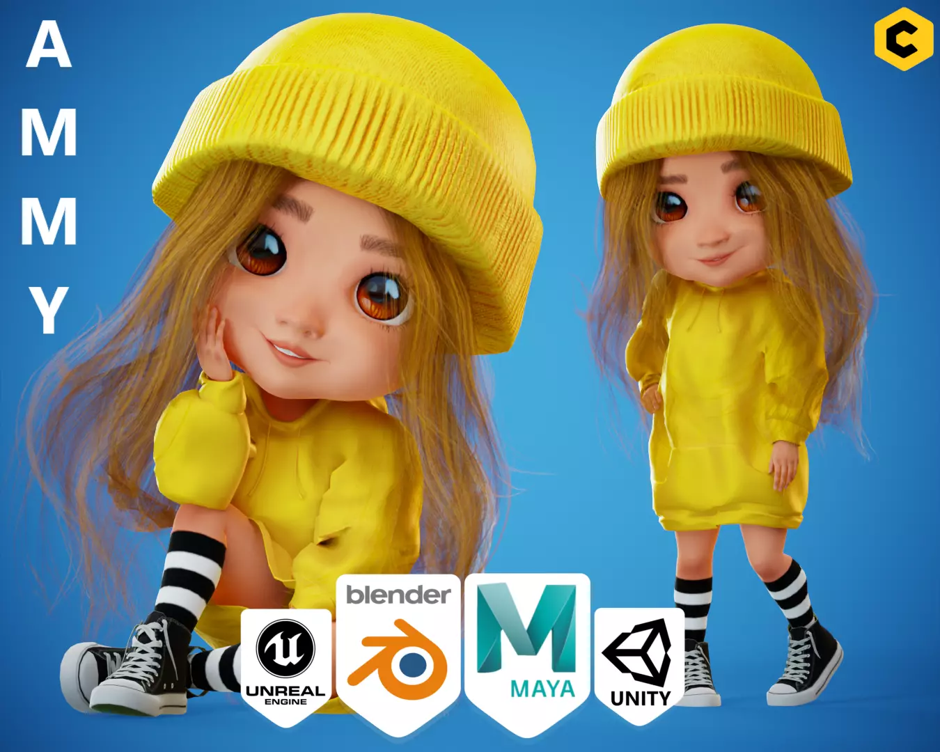 Game Cartoon Cute Girl Character rigged Ammy Low-poly 3D model