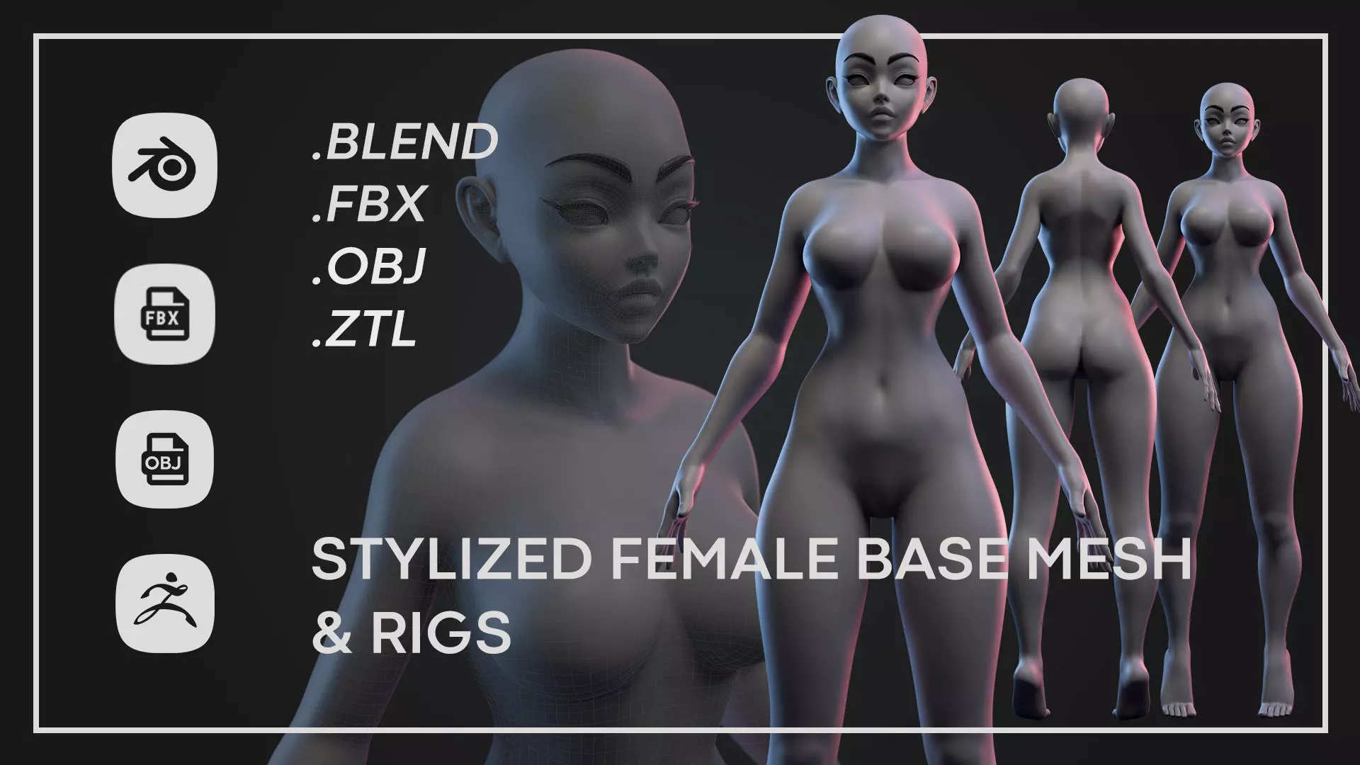 Stylized Female Basemesh Rigged Low-poly 3D model_0