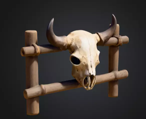 Wooden Fence with Bull Skull Head Low-poly 3D model_1