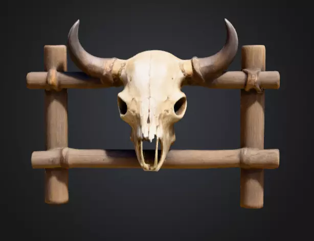 Wooden Fence with Bull Skull Head Low-poly 3D model_0