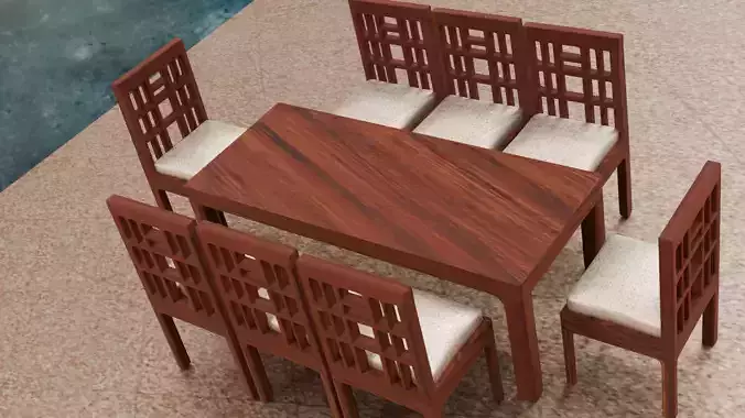 six Seater Wooden Dining Table Set  Blender 3D Model 