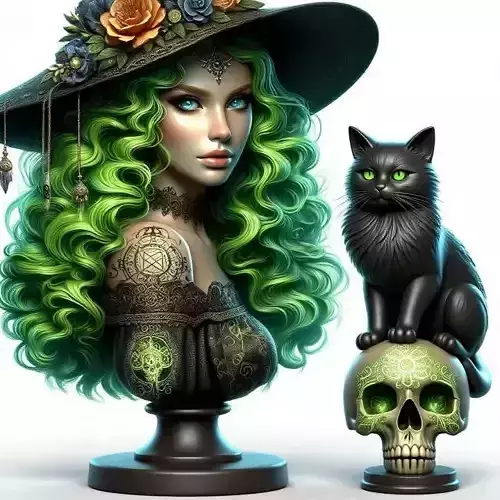 1988  Green Haired Witch Bust with Cat and Skull 3D print model