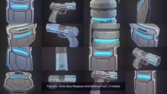 Futuristic Silver Blue Weapons And Defense Pack 3D Model Collection