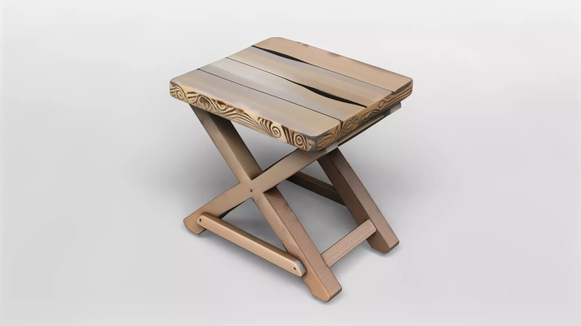 Ornate Wooden Folding Stool 3D model_3